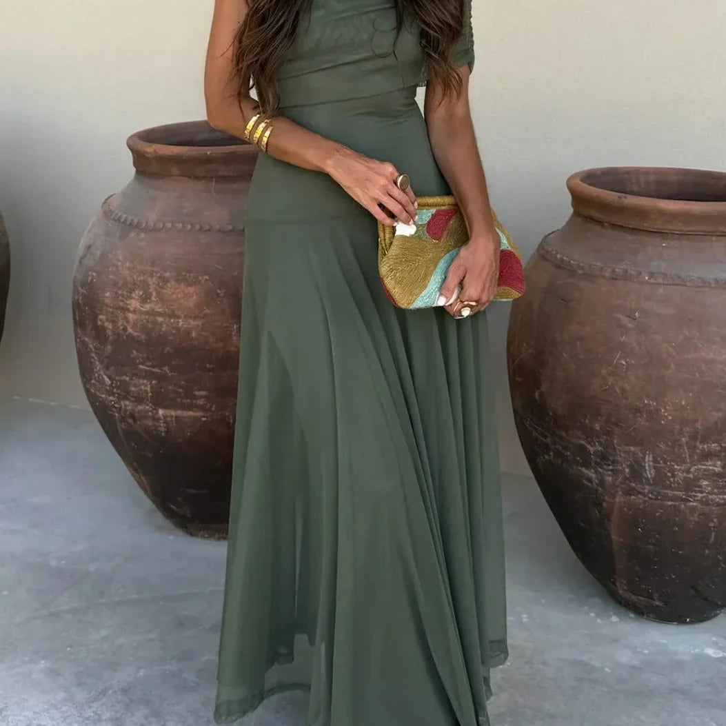 Inês – Vestido Longo Plissado de Um Ombro Elegante